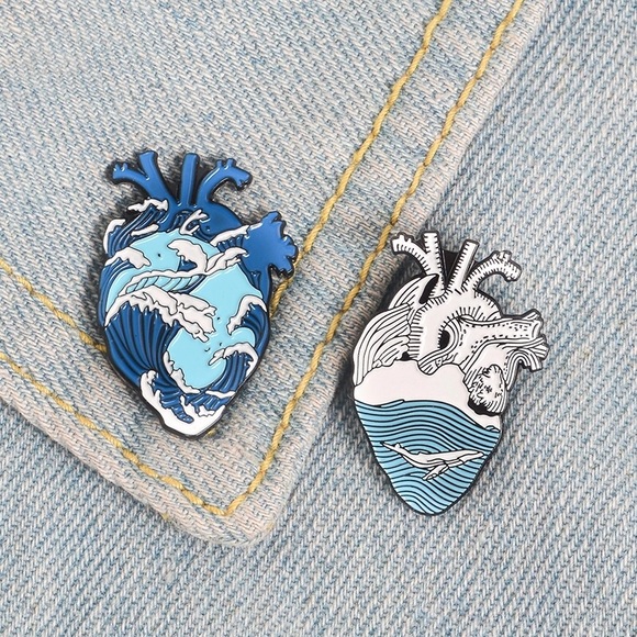 Heart Whale and Waves Enamel Pin Set - Picture 3 of 3